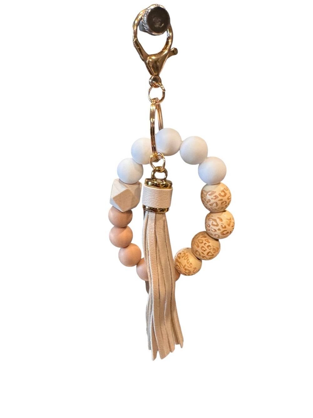 Beige & White Beaded Tassel Keyring Wristlet